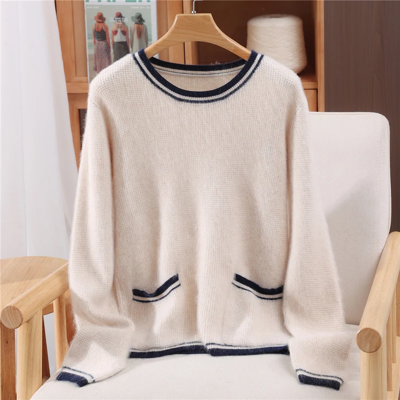 Women 100% pure Mink Cashmere Sweater Round Neck Striped Casual Fashionable Pullover Fashion Double Pocket Autumn Winter Top
Women 100% pure Mink Cashmere Sweater Round Neck Striped Casual Fashionable Pullover Fashion Double Pocket Autumn Winter Top
