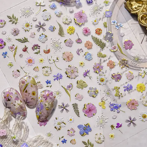1pc Gold Foil Dried Flowers Leaf Floral Print Nail Art Sticker Daisy Rose Flower Blossom Adhesive Nail Art Decoration Decals