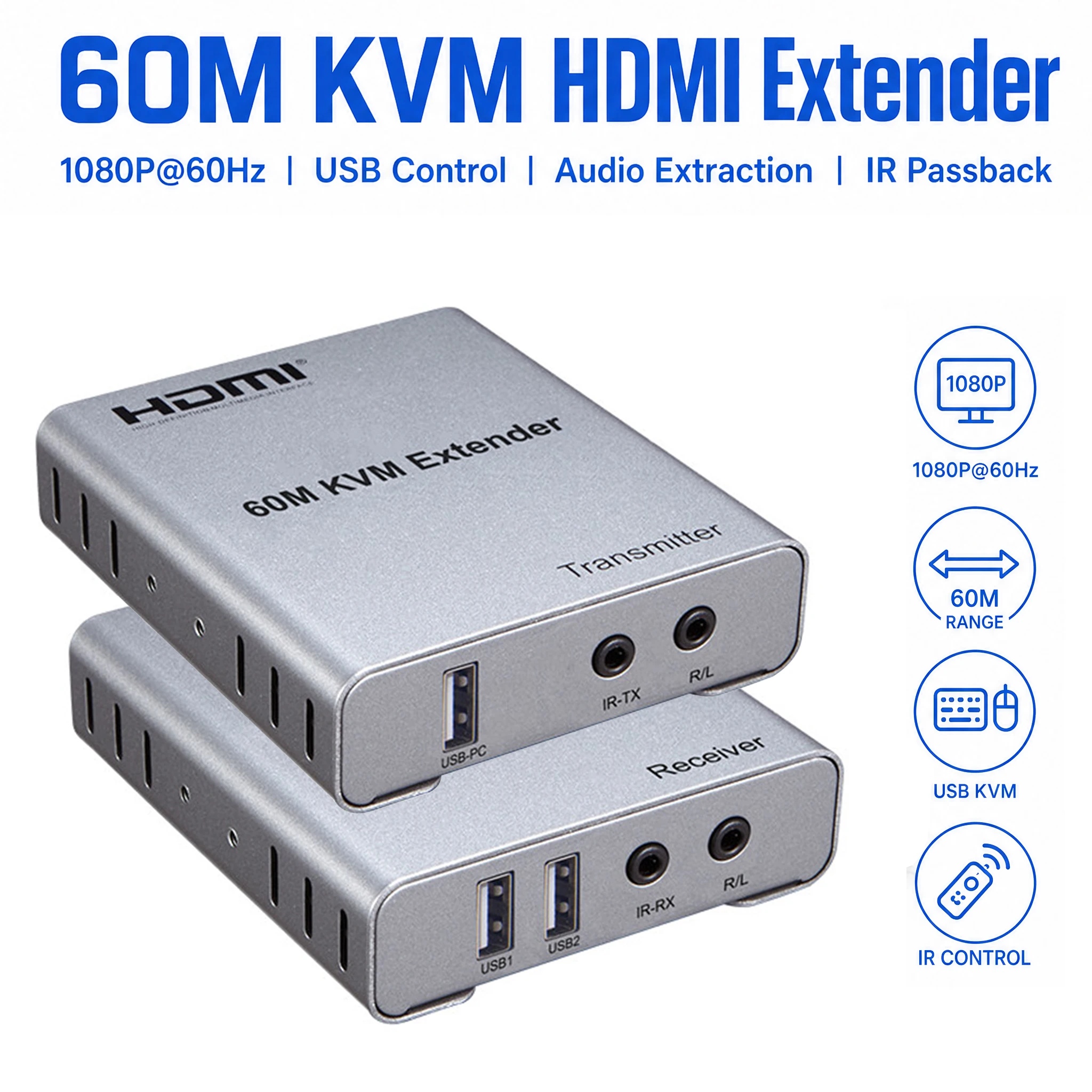 60M 1080P HDMI KVM Extender Over CAT5E/CAT6 RJ45 Ethernet Cable, HDMI USB Transmitter Receiver Kit Support Keyboard Mouse
60M 1080P HDMI KVM Extender Over CAT5E/CAT6 RJ45 Ethernet Cable, HDMI USB Transmitter Receiver Kit Support Keyboard Mouse