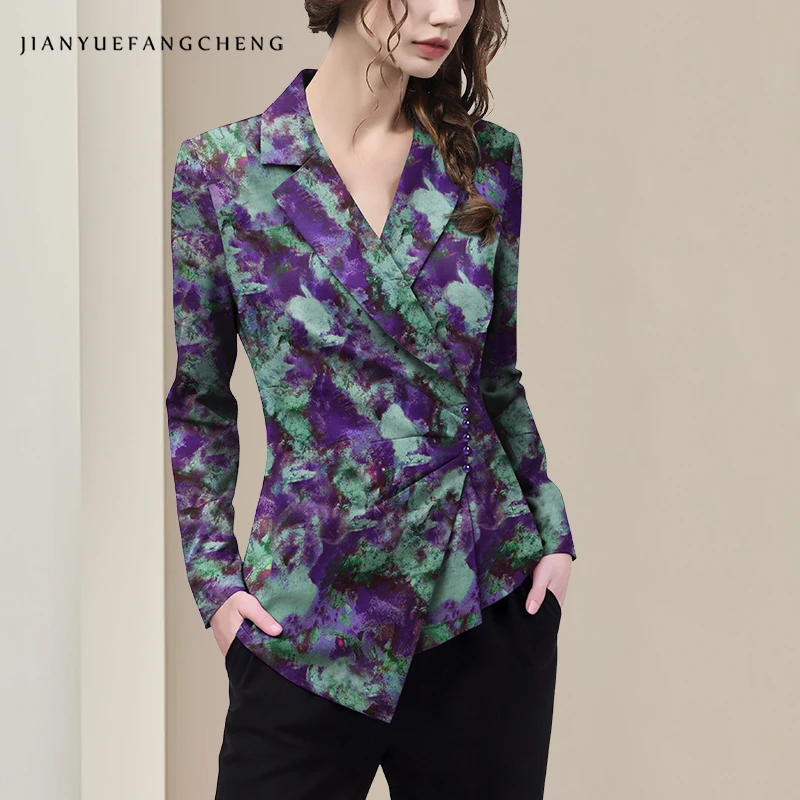 Женская атласная блузка с длинным рукавом и воротником с лацканами фиолетового цвета, окрашенная в технике галстука, асимметричные рубашки на пуговицах в винтажном стиле, осенние топы 
Женская атласная блузка с длинным рукавом и воротником с лацканами фиолетового цвета, окрашенная в технике галстука, асимметричные рубашки на пуговицах в винтажном стиле, осенние топы