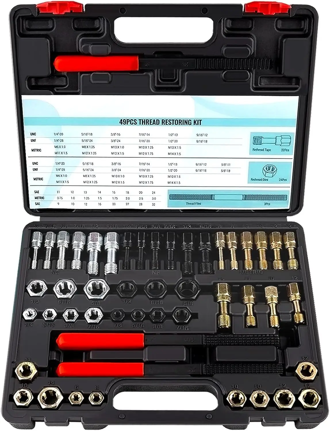 49-Piece Thread Chaser Set, UNC UNF & Metric Thread Repair Kit with Taps, Dies, and Files for Bolts, Nuts, and Screws
49-Piece Thread Chaser Set, UNC UNF & Metric Thread Repair Kit with Taps, Dies, and Files for Bolts, Nuts, and Screws