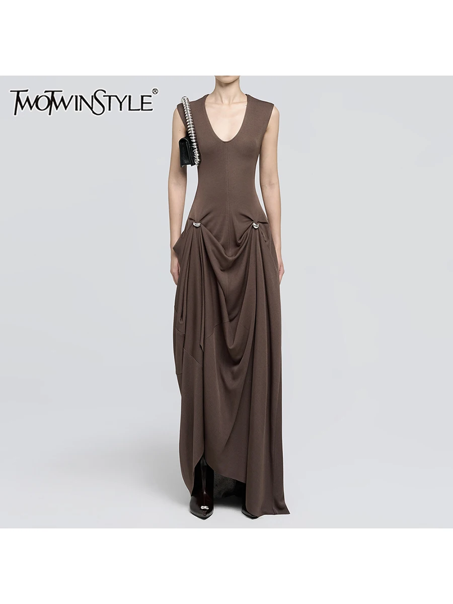 TWOTWINSTYLE однотонные платья для похудения со складками для женщин, темпераментное платье без рукавов с круглым вырезом и высокой талией, женский модный стиль
TWOTWINSTYLE однотонные платья для похудения со складками для женщин, темпераментное платье без рукавов с круглым вырезом и высокой талией, женский модный стиль