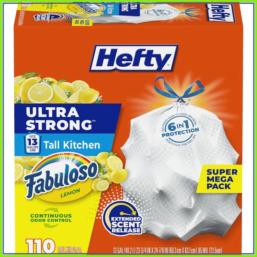 13 Gallon Tall Kitchen Trash Bags, Ultra Strong, Leak & Puncture Resistant, Odor Control, Fabuloso Lemon Scent, 110 Count
13 Gallon Tall Kitchen Trash Bags, Ultra Strong, Leak & Puncture Resistant, Odor Control, Fabuloso Lemon Scent, 110 Count