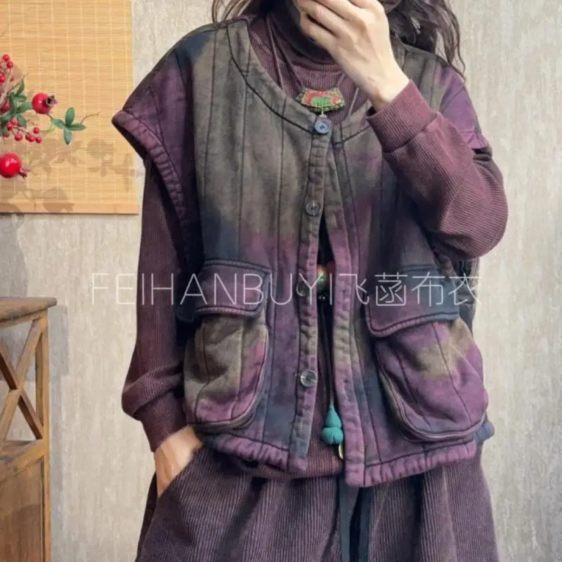 Autumn Winter Arts Style Women Single Breasted Sleeveless Short Coat High Quality Cotton Big Pocket Vintage Tie Dye O-neck Vest
Autumn Winter Arts Style Women Single Breasted Sleeveless Short Coat High Quality Cotton Big Pocket Vintage Tie Dye O-neck Vest