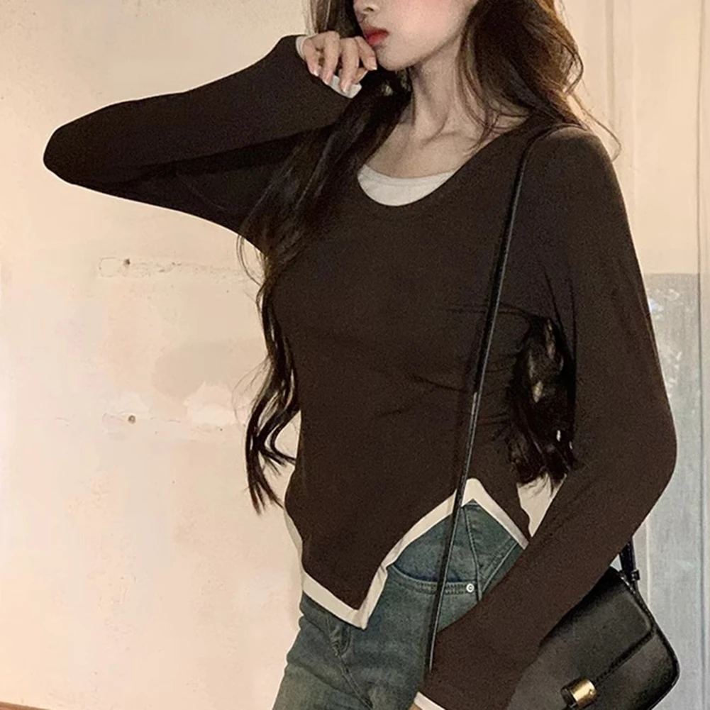 Sleek women's slim fit top showcasing an elegant u neck design paired beautifully with trendy contrast patchwork
Sleek women's slim fit top showcasing an elegant u neck design paired beautifully with trendy contrast patchwork