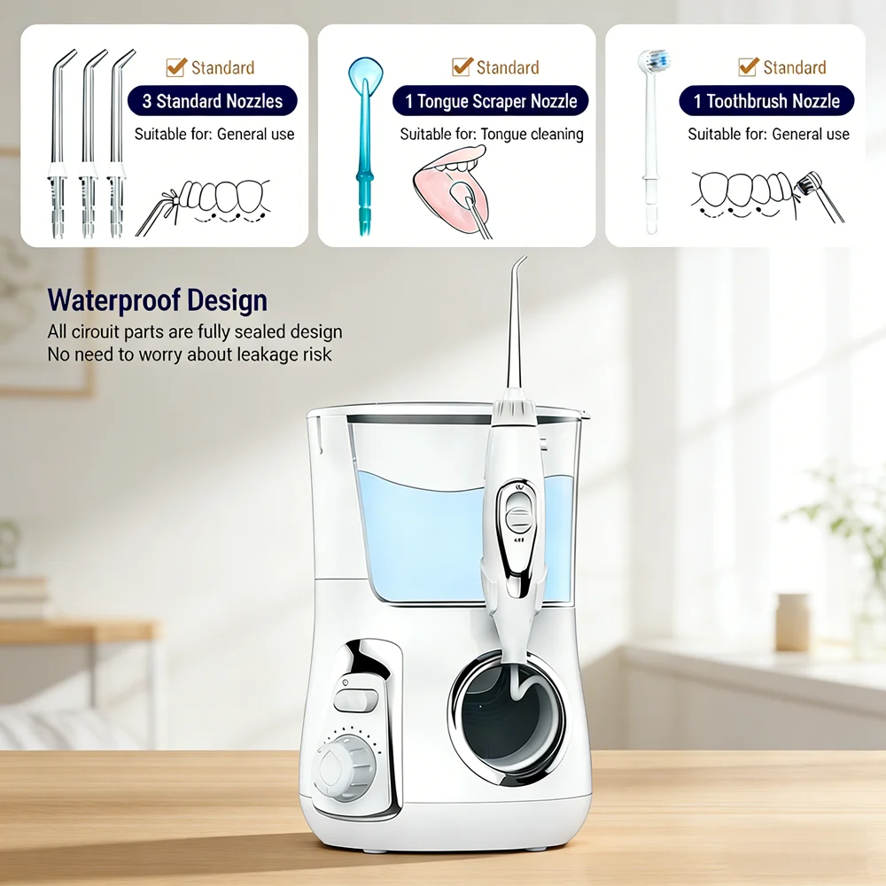 Настольный электрический ирригатор для полости рта с 10 режимами, 800 мл, набор для чистки зубов для всей семьи с 5 насадками
Настольный электрический ирригатор для полости рта с 10 режимами, 800 мл, набор для чистки зубов для всей семьи с 5 насадками