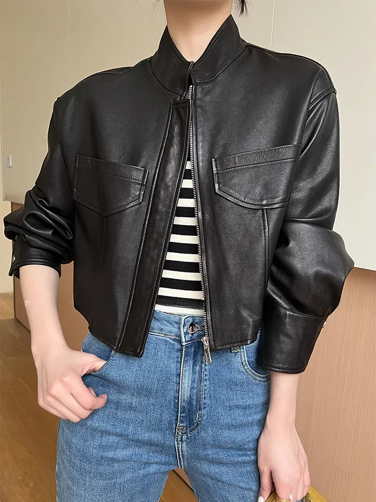 Casual Black Genuine Leather Jacket for Women Spring Autumn 2026 New High-end Simple Stand Collar Slim Short Real Sheepskin Coat
Casual Black Genuine Leather Jacket for Women Spring Autumn 2026 New High-end Simple Stand Collar Slim Short Real Sheepskin Coat