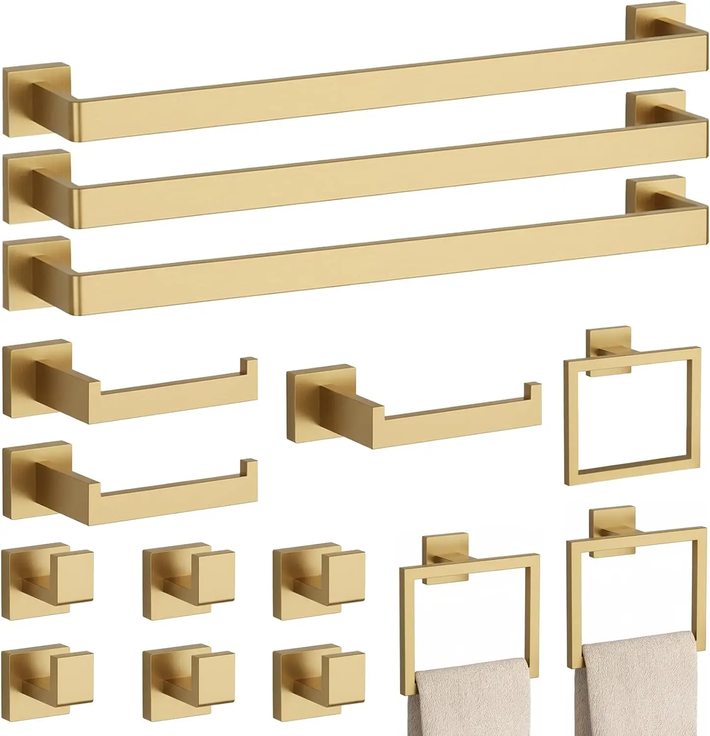 15-Piece Brushed Gold Bathroom Accessories Set – Towel Bar, Ring, TP Holder & Hooks, Rust-Resistant, Modern
15-Piece Brushed Gold Bathroom Accessories Set – Towel Bar, Ring, TP Holder & Hooks, Rust-Resistant, Modern