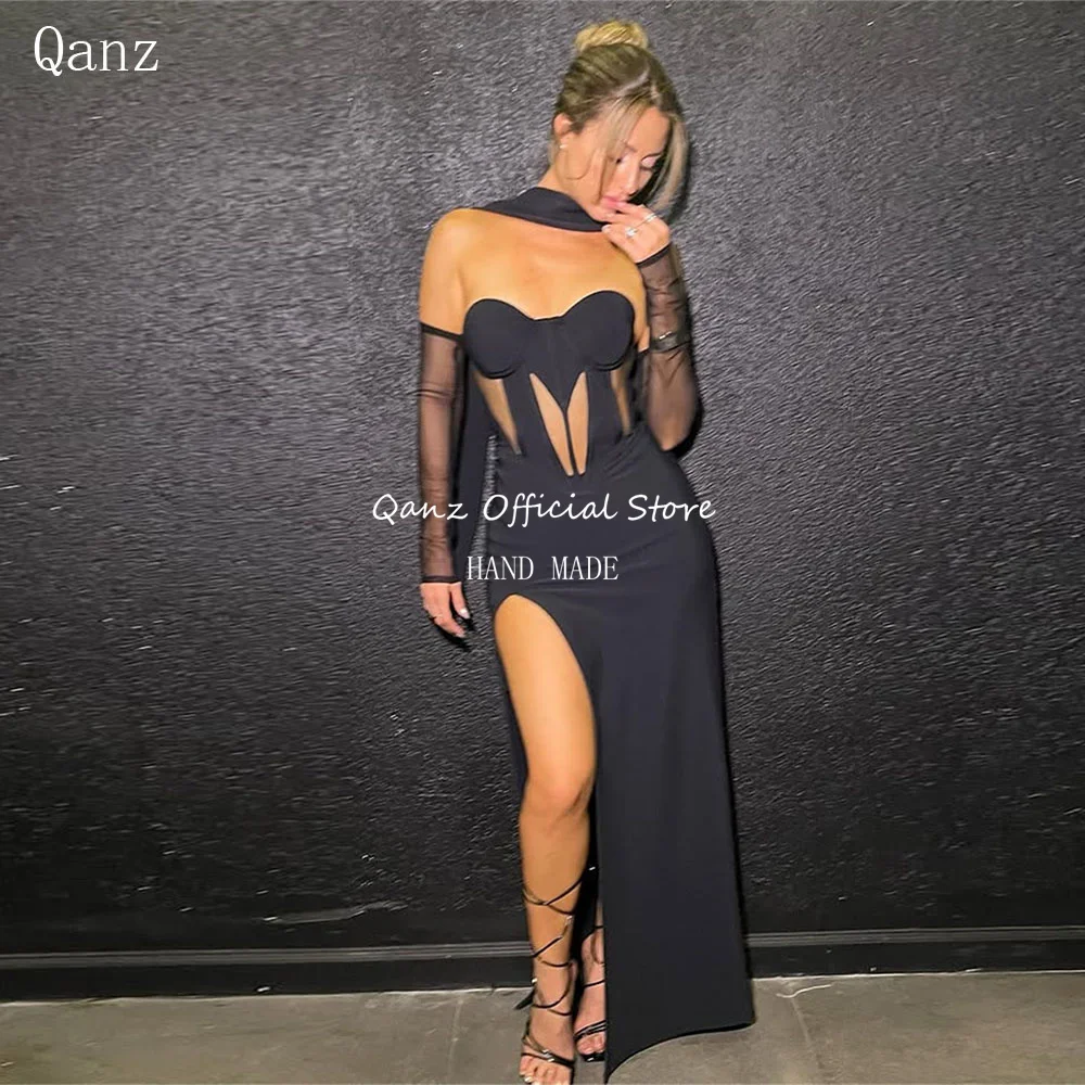 Qanz Sexy High Slit Evening Dresses Black Satin Mermaid Formal Party Gowns Sweetheart Corset Robe Soirée Femme Customized
Qanz Sexy High Slit Evening Dresses Black Satin Mermaid Formal Party Gowns Sweetheart Corset Robe Soirée Femme Customized