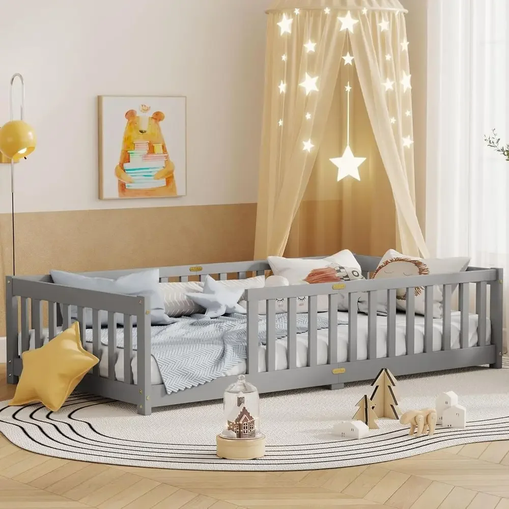 Twin Size Wooden Floor Bed with Side Rails and Slat Support, Playhouse Design for Kids, No Box Spring Needed, Gray
Twin Size Wooden Floor Bed with Side Rails and Slat Support, Playhouse Design for Kids, No Box Spring Needed, Gray