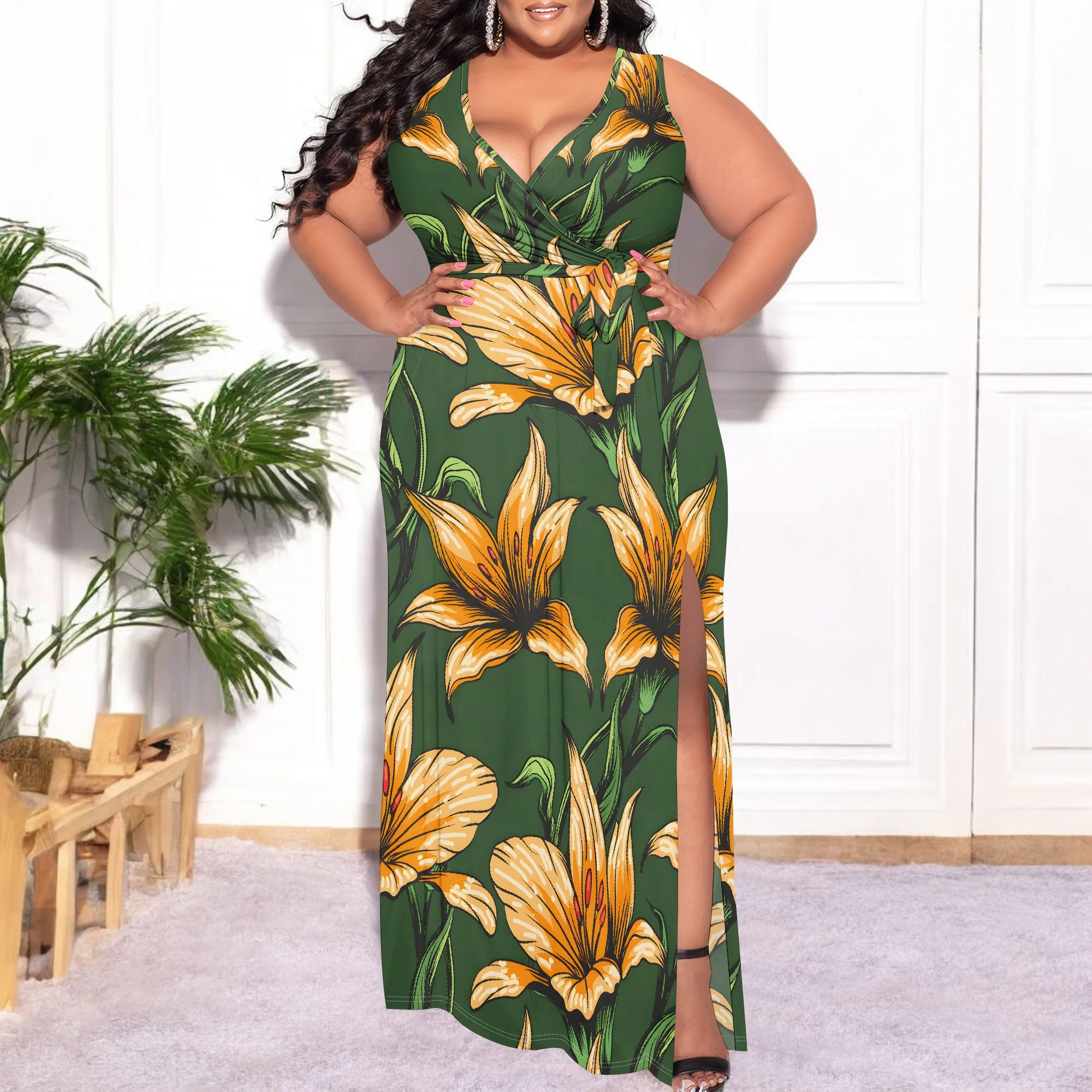 Plus Size Womens Sexy Casual Dresses for Curvy Women 3D Printed halterneck V Neckline Short Sleeve Loose High Vent Maxi Dress
Plus Size Womens Sexy Casual Dresses for Curvy Women 3D Printed halterneck V Neckline Short Sleeve Loose High Vent Maxi Dress