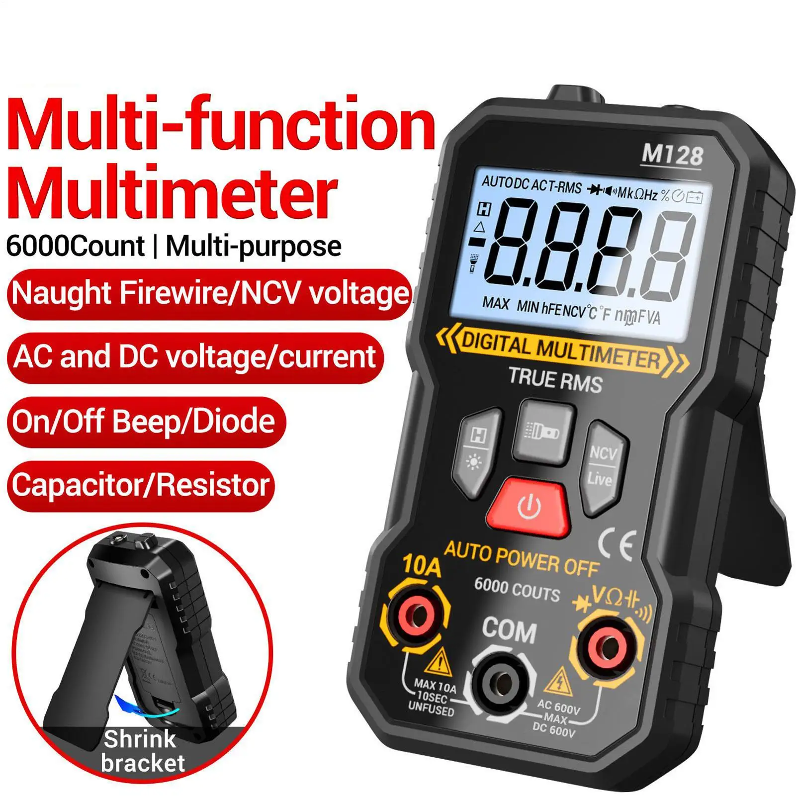 Digital Mini Multimeter 6000 Counts Auto Mmultimetro DC/AC Voltage Tester Tranistor Meter NCV Data Hold Flashlight M118A
Digital Mini Multimeter 6000 Counts Auto Mmultimetro DC/AC Voltage Tester Tranistor Meter NCV Data Hold Flashlight M118A