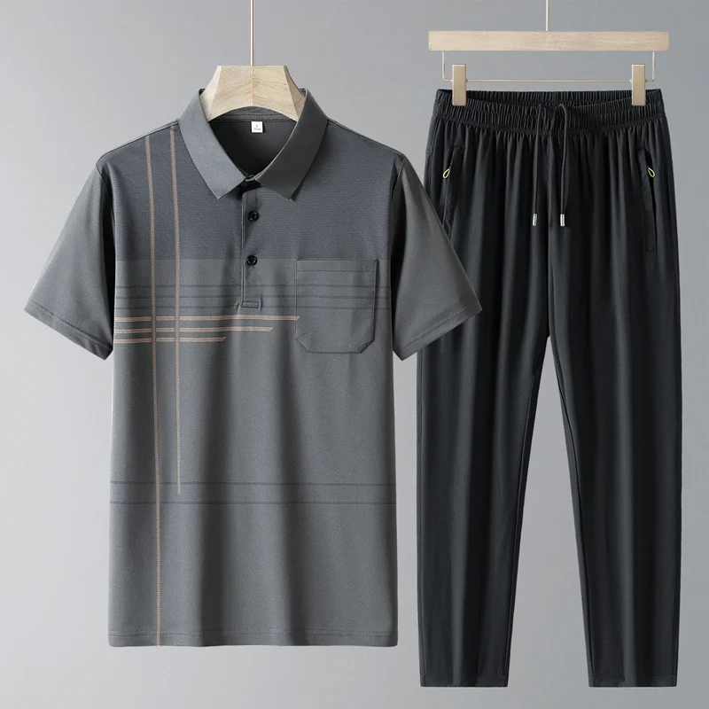 Summer Men's 2Pcs Outfit Gray Striped Polo Shirt And Black Elastic Waist Pants Set Casual Business Track Suit For Middle-Aged
Summer Men's 2Pcs Outfit Gray Striped Polo Shirt And Black Elastic Waist Pants Set Casual Business Track Suit For Middle-Aged