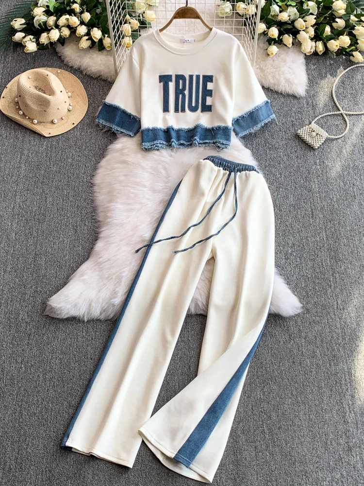 Women 2025 New Casual Two-piece Sets Design Splicing Tassels Denim Short Sleeved Top+high Waist Slimming Wide Leg Pants
Women 2025 New Casual Two-piece Sets Design Splicing Tassels Denim Short Sleeved Top+high Waist Slimming Wide Leg Pants