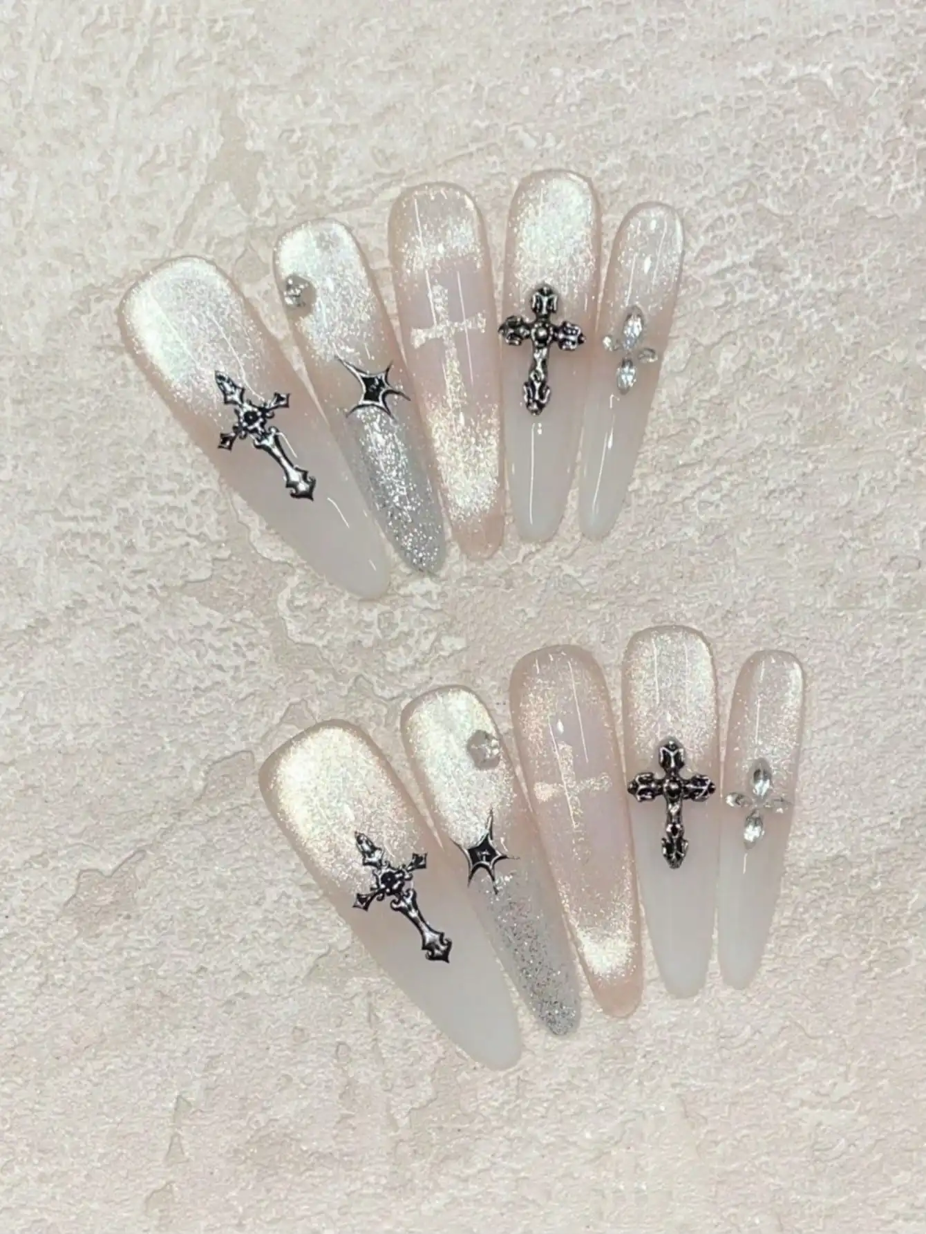 The Subtle Luxury At Your Fingertips! Y2K Gothic Sweet-Cool Hot Girl 10pcs Handmade Nails Long Pointed Nails, Milky White Gradient French Nails With Small Rhinestone Cross Patterns, Hollow Cross Design
The Subtle Luxury At Your Fingertips! Y2K Gothic Sweet-Cool Hot Girl 10pcs Handmade Nails Long Pointed Nails, Milky White Gradient French Nails With Small Rhinestone Cross Patterns, Hollow Cross Design