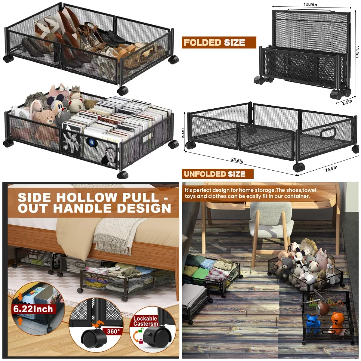 2 Pack Foldable Underbed Storage with Handles & Wheels, Black
2 Pack Foldable Underbed Storage with Handles & Wheels, Black