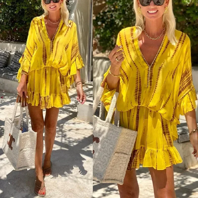 Women 2025 European And American Summer V-Neck Tie Diamond Printed Bat Sleeve Chiffon Loose Dress/Hourglass Silhouette For Women
Women 2025 European And American Summer V-Neck Tie Diamond Printed Bat Sleeve Chiffon Loose Dress/Hourglass Silhouette For Women