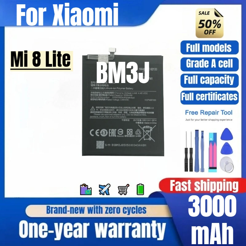 BM3J for Xiaomi Mi 8 Lite Phone Battery 0 Cycle High Quality High Capacity Battery Replacement Bateria Grade A Cell with Tools
BM3J for Xiaomi Mi 8 Lite Phone Battery 0 Cycle High Quality High Capacity Battery Replacement Bateria Grade A Cell with Tools