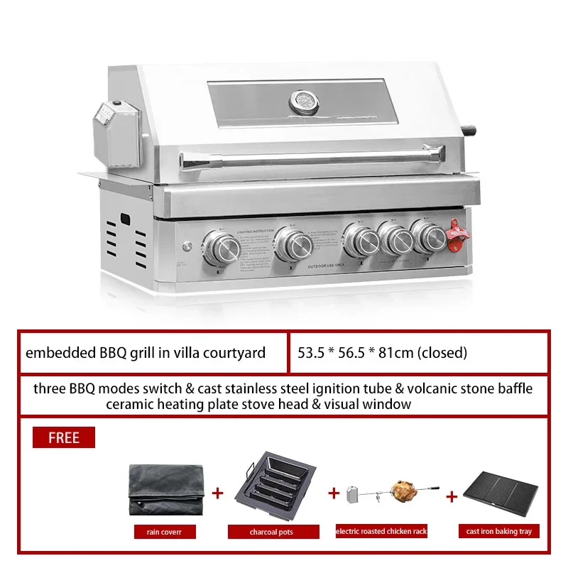 Stainless Steel Embedded Dual Fuel Gas Charcoal Grill Outdoor Patio Garden BBQ with 4 Burners 5 People Capacity
Stainless Steel Embedded Dual Fuel Gas Charcoal Grill Outdoor Patio Garden BBQ with 4 Burners 5 People Capacity