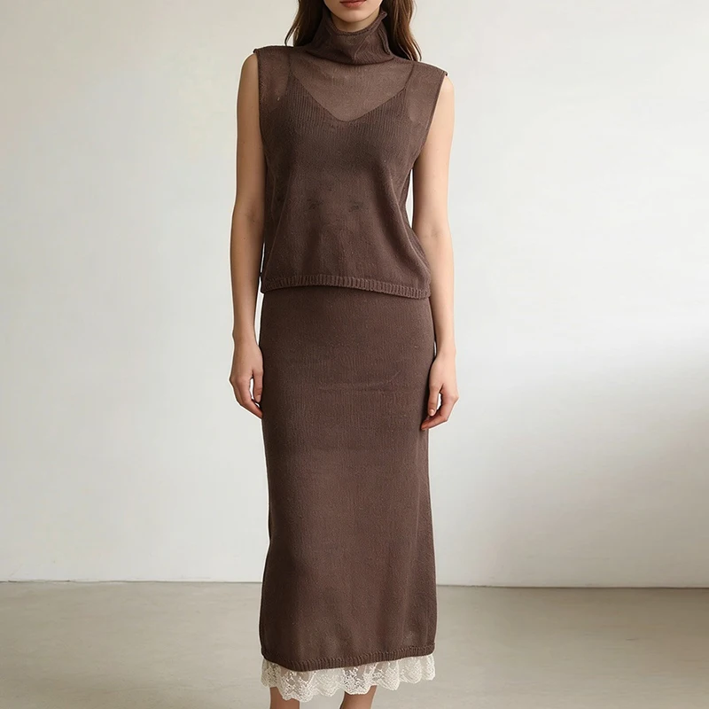 Elegant Lady See-through Vacation Outfits Turtleneck Knitted Sleeveless Vest&Half Skirts Set Summer Solid Color Slim Commute Set
Elegant Lady See-through Vacation Outfits Turtleneck Knitted Sleeveless Vest&Half Skirts Set Summer Solid Color Slim Commute Set