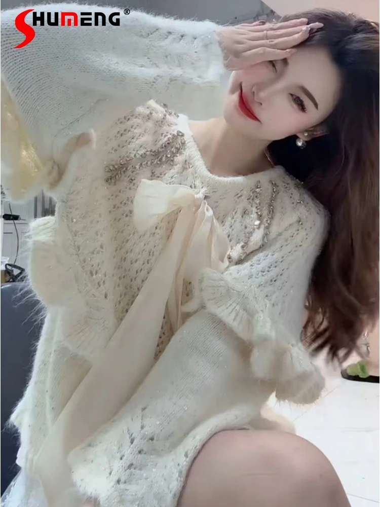 Women 2025 Autumn New Loose Comfort Feminine Knitwear Tops Sweet Rhinestone Bow Knitted Sweaters Fashion Long Sleeve Pullovers
Women 2025 Autumn New Loose Comfort Feminine Knitwear Tops Sweet Rhinestone Bow Knitted Sweaters Fashion Long Sleeve Pullovers