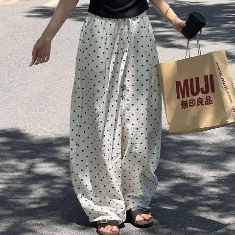 HOUZHOU Korean Style Polka Dot Baggy Pants Women Sweet Y2k Oversized White Trousers Casual Harajuku Retro Black Wide Leg Pants