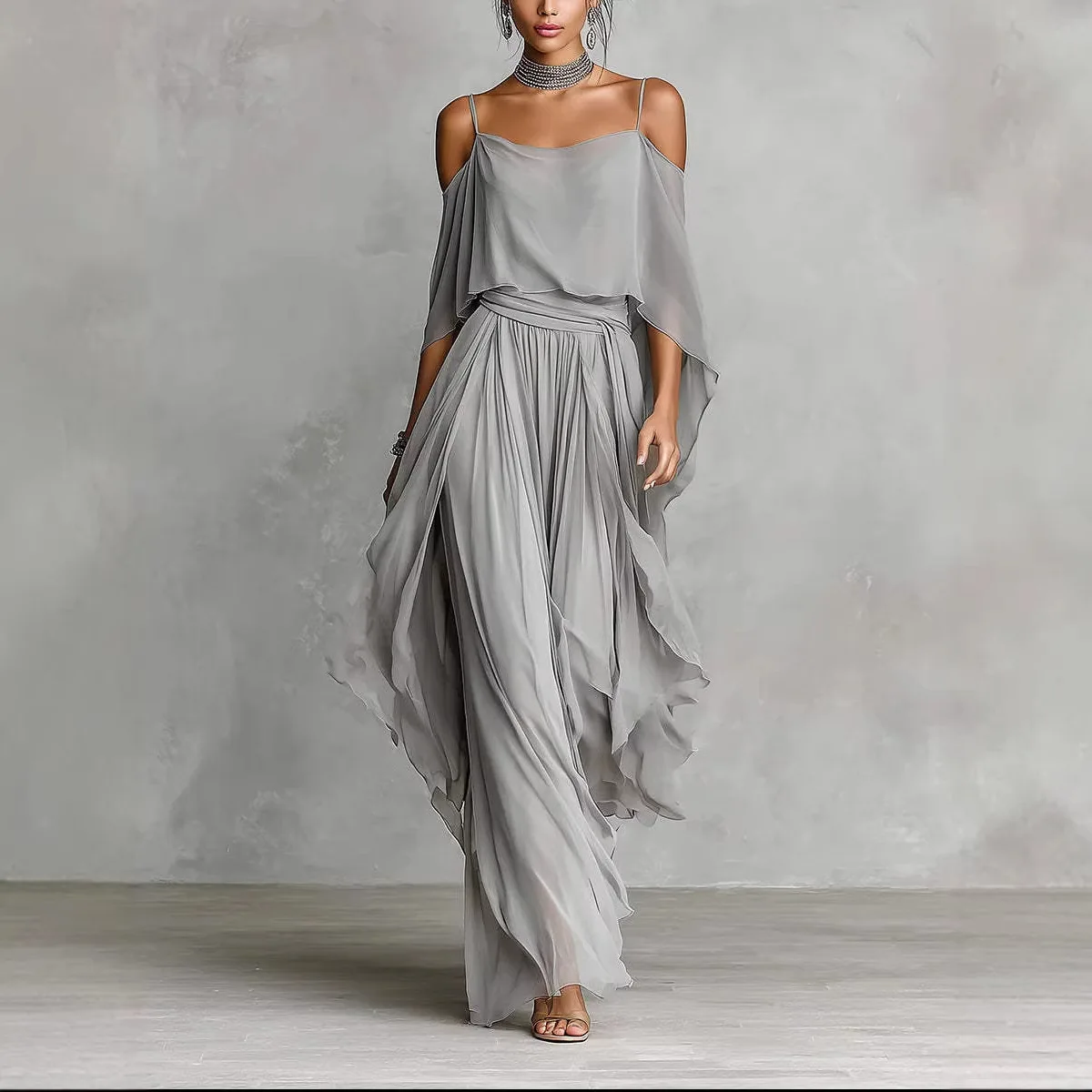 2026 New Camisole Off Shoulder Flowing Top with Chiffon Asymmetrical Pants Two-piece Set
2026 New Camisole Off Shoulder Flowing Top with Chiffon Asymmetrical Pants Two-piece Set
