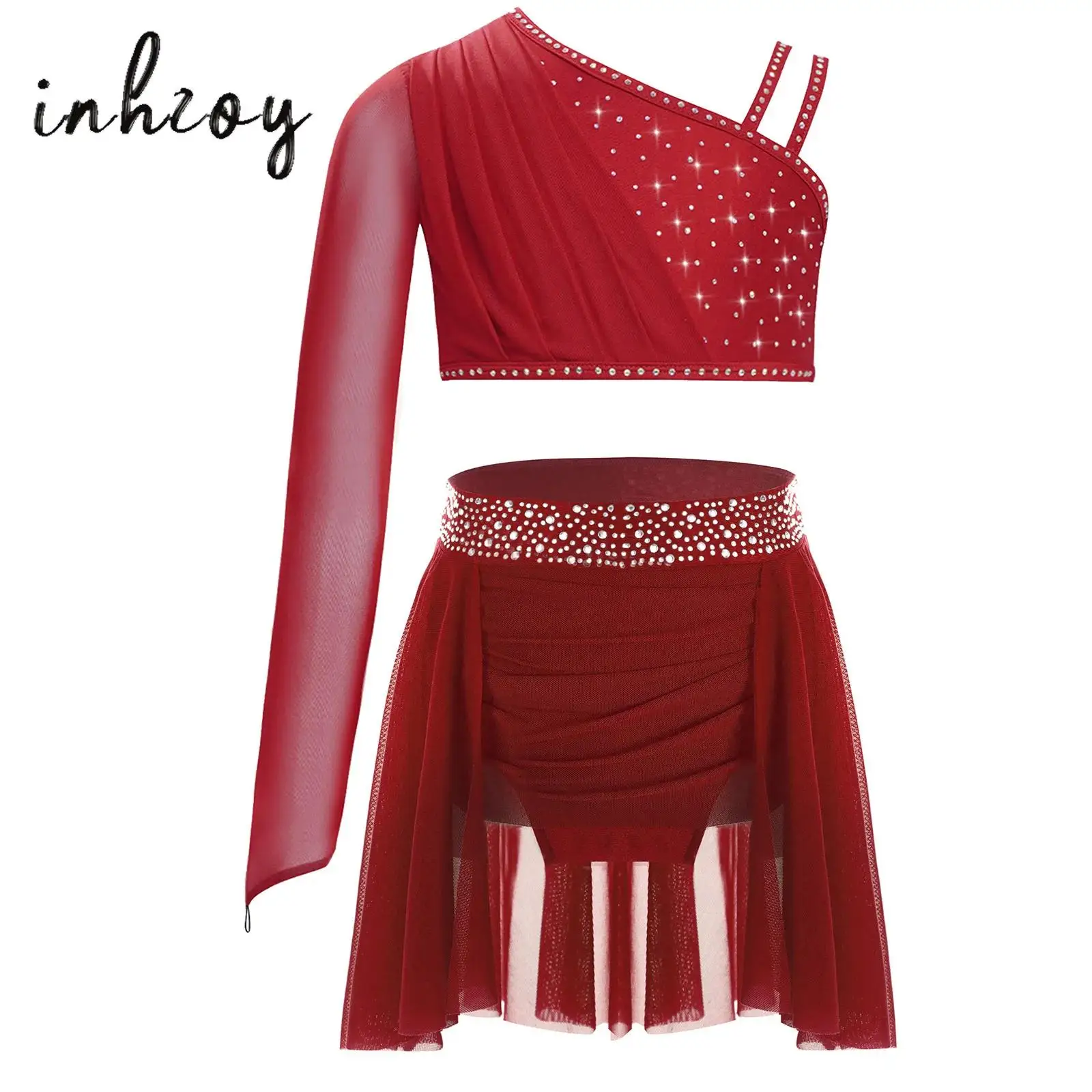 Kids Girls Figure Skating Ballet Dance Outfit Sheer Mesh Long Sleeve Asymmetrical Shoulder Shiny Rhinestones Crop Top+Skirt 2Pcs 
Kids Girls Figure Skating Ballet Dance Outfit Sheer Mesh Long Sleeve Asymmetrical Shoulder Shiny Rhinestones Crop Top+Skirt 2Pcs