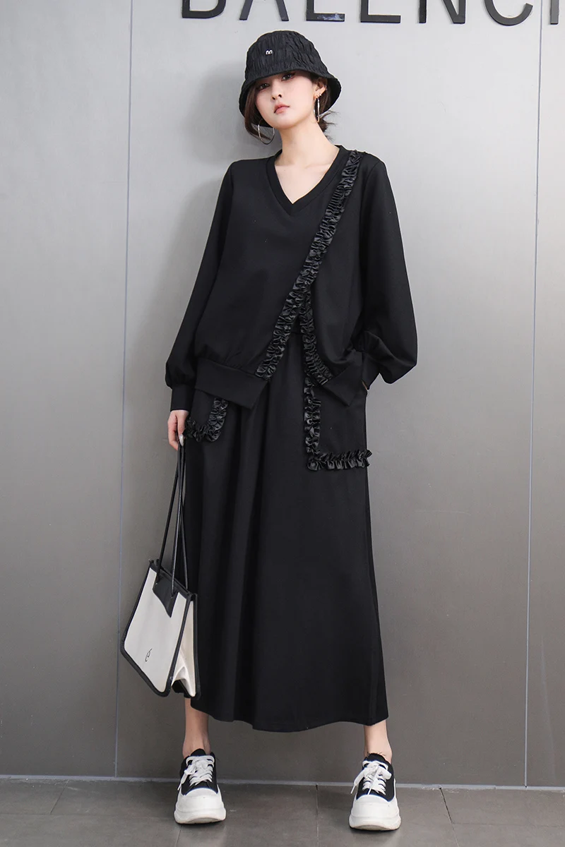 2025 Spring New Elegant Fashion Black Set Women Loose Mushroom Edge V Neck Sweatshirt Female Long Skirt Two-piece Set J786
2025 Spring New Elegant Fashion Black Set Women Loose Mushroom Edge V Neck Sweatshirt Female Long Skirt Two-piece Set J786