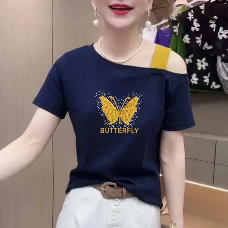 Butterfly Rhinestone Embellished Asymmetric T-Shirt For Women Fashion Casual Summer Top With Shoulder Cutout Design
Butterfly Rhinestone Embellished Asymmetric T-Shirt For Women Fashion Casual Summer Top With Shoulder Cutout Design