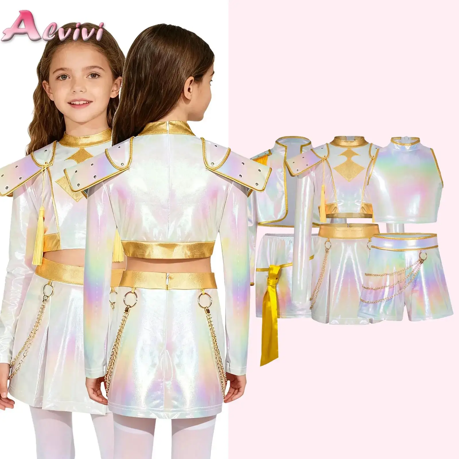 Kids Girls Anime Character Cosplay Outfit Iridescent Gloss Long Sleeve Chest Tassels Crop Top and Skirt Demon Singer Hunter Wear
Kids Girls Anime Character Cosplay Outfit Iridescent Gloss Long Sleeve Chest Tassels Crop Top and Skirt Demon Singer Hunter Wear