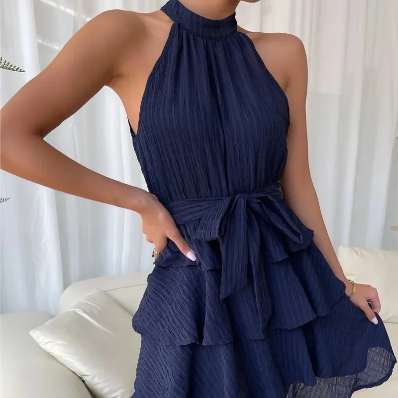 Summer Lace Up Hanging Neck Splicing Sleeveless Ruffle Edge Dress for Women's Elegant Slim Fit A-line Dress 2025 Beach Vacation
Summer Lace Up Hanging Neck Splicing Sleeveless Ruffle Edge Dress for Women's Elegant Slim Fit A-line Dress 2025 Beach Vacation