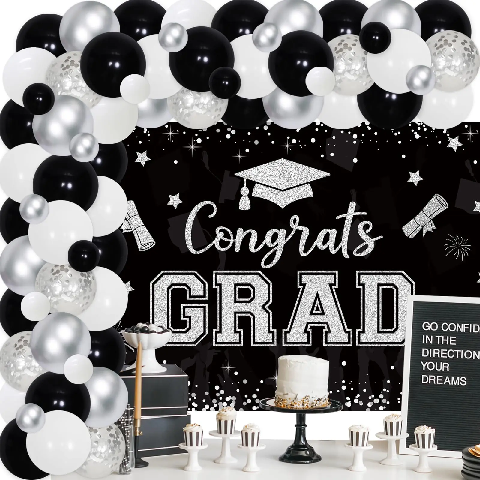 Kreat4joy Выпускные украшения класса 2025 года, черные и серебряные поздравления, выпускной баннер, фон, воздушный шар, гирлянда, арочный комплект для
Kreat4joy Выпускные украшения класса 2025 года, черные и серебряные поздравления, выпускной баннер, фон, воздушный шар, гирлянда, арочный комплект для