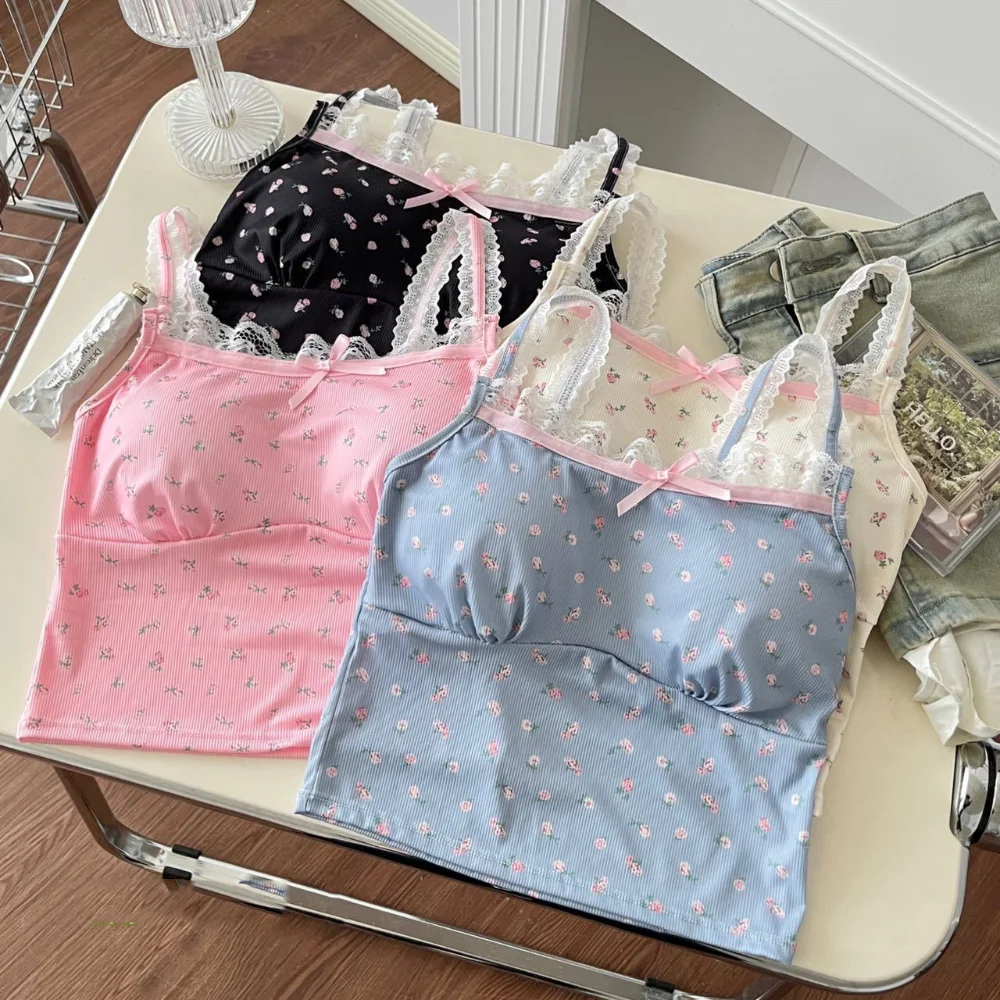 Fashion Ice Silk Floral Crop Top Sleeveless Korean Lace Bowknot Camisole Elastic with Pads Sweet Flower Girl's Tank Top Summer
Fashion Ice Silk Floral Crop Top Sleeveless Korean Lace Bowknot Camisole Elastic with Pads Sweet Flower Girl's Tank Top Summer