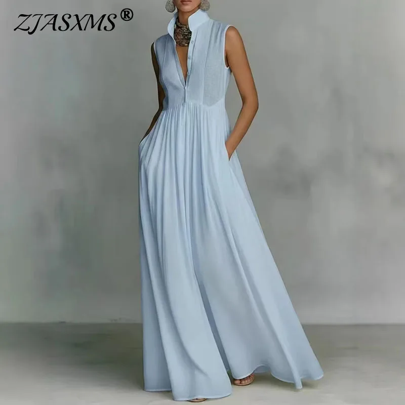 Summer Dresses 2026 Casual Sleeveless Ruched Waist Pockets Party Long Dress Woman Spring Stand Collar Button Vacation Maxi Dress
Summer Dresses 2026 Casual Sleeveless Ruched Waist Pockets Party Long Dress Woman Spring Stand Collar Button Vacation Maxi Dress