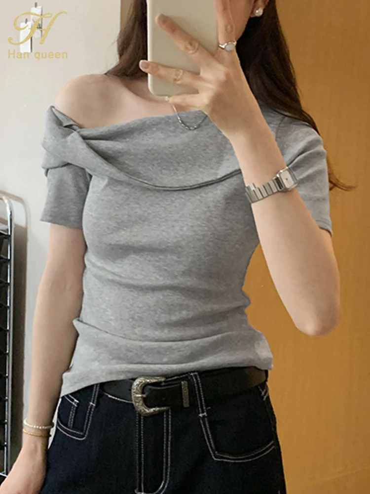 H Han Queen New Korean Chic Off The Shlouder Short Sleeve Top Women Slim Casual Simple Basic T-Shirt Vintage Tee Female Clothing
H Han Queen New Korean Chic Off The Shlouder Short Sleeve Top Women Slim Casual Simple Basic T-Shirt Vintage Tee Female Clothing