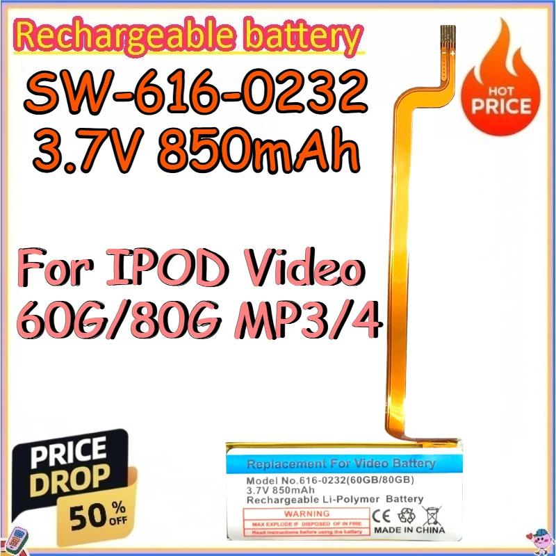 SW-616-0232 3.7V 850mAh Rechargeable Battery for IPOD Video 60G/80G MP3/4 Replace Lithium-ion Battery
SW-616-0232 3.7V 850mAh Rechargeable Battery for IPOD Video 60G/80G MP3/4 Replace Lithium-ion Battery
