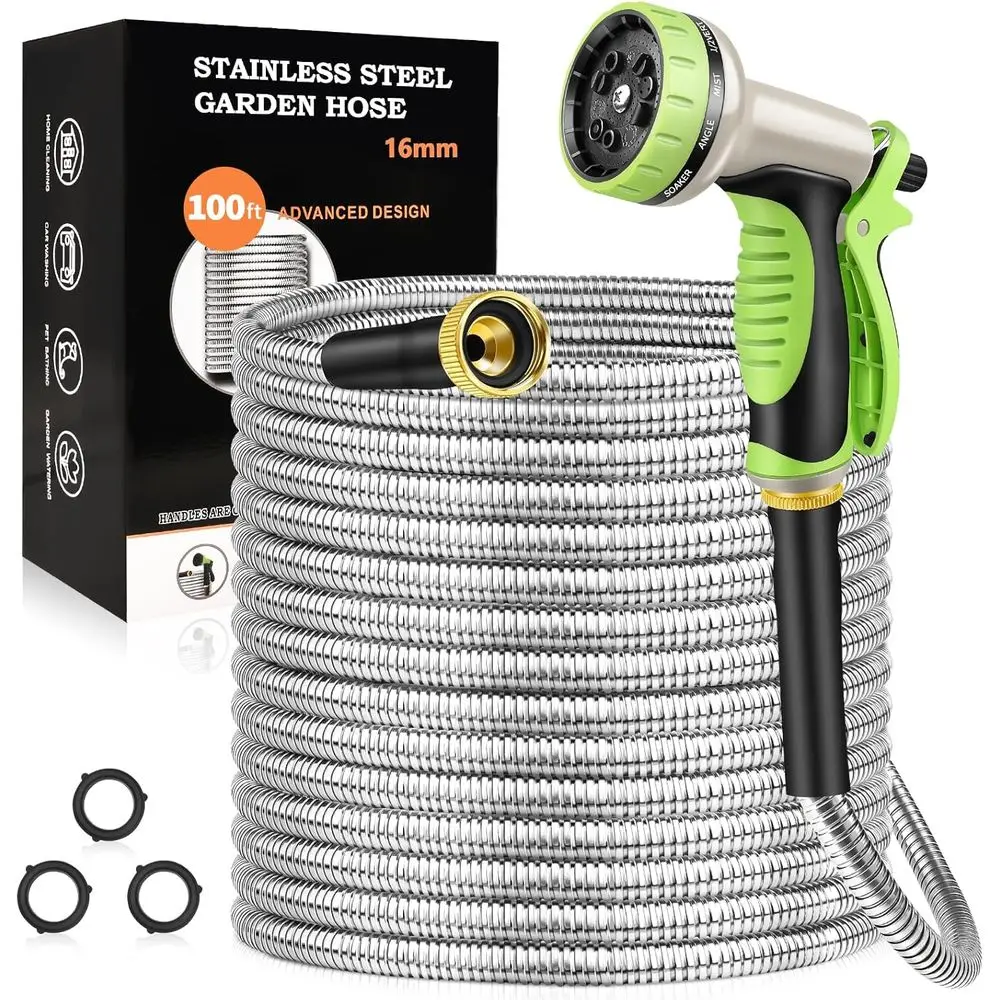Heavy-Duty Stainless Steel Garden Hose with 10-Function Nozzle, Kink-Free, Flexible, Rust-Resistant for Outdoor and RV Use
Heavy-Duty Stainless Steel Garden Hose with 10-Function Nozzle, Kink-Free, Flexible, Rust-Resistant for Outdoor and RV Use