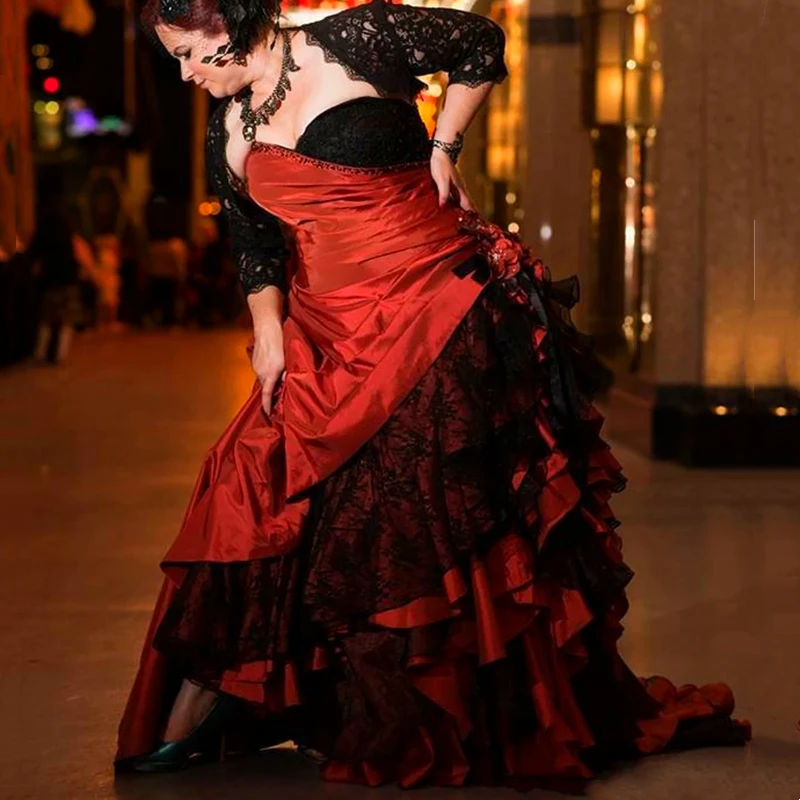 Gothic Black And Red Wedding Dresses With Jacket Ruffle Tiered Lace And Satin Bridal Gown Customized
Gothic Black And Red Wedding Dresses With Jacket Ruffle Tiered Lace And Satin Bridal Gown Customized
