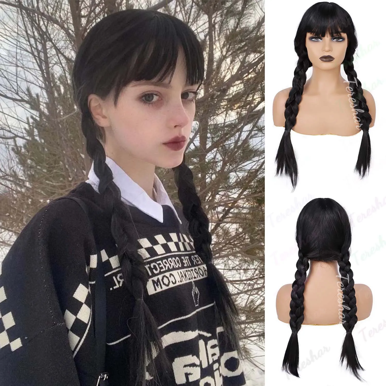 Synthetic Wednesday Addams Cosplay Wig Long Black Braids Hair Heat Resistant Wigs with Bangs for Halloween Cosplay Party Use
Synthetic Wednesday Addams Cosplay Wig Long Black Braids Hair Heat Resistant Wigs with Bangs for Halloween Cosplay Party Use