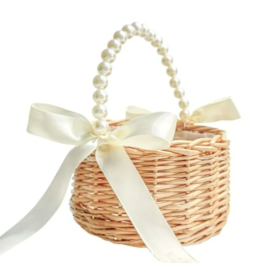 Flower Girl Basket, Handwoven Wicker Rattan Small Flower Girl Basket with Pearl Handle Ribbon Bow Plastic Liner, Wedding Flower
Flower Girl Basket, Handwoven Wicker Rattan Small Flower Girl Basket with Pearl Handle Ribbon Bow Plastic Liner, Wedding Flower