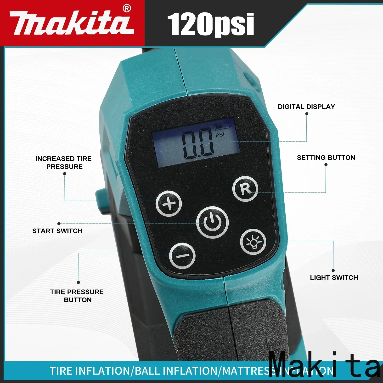 Makita DYS59 18V Cordless Automatic Inflator, Handheld Air Pump for Car Tires, For Makita 18V Battery
Makita DYS59 18V Cordless Automatic Inflator, Handheld Air Pump for Car Tires, For Makita 18V Battery