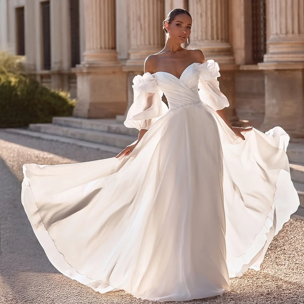 Simple Chiffon Wedding Dresses Off Shoulder Long Puff Sleeve A Line Bride Dress Summer Bridal Gown vestido de novia Customized
Simple Chiffon Wedding Dresses Off Shoulder Long Puff Sleeve A Line Bride Dress Summer Bridal Gown vestido de novia Customized