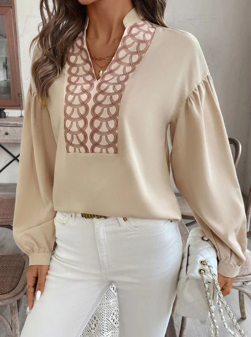 Top long sleeved stand up collar ethnic style shirt 
Top long sleeved stand up collar ethnic style shirt