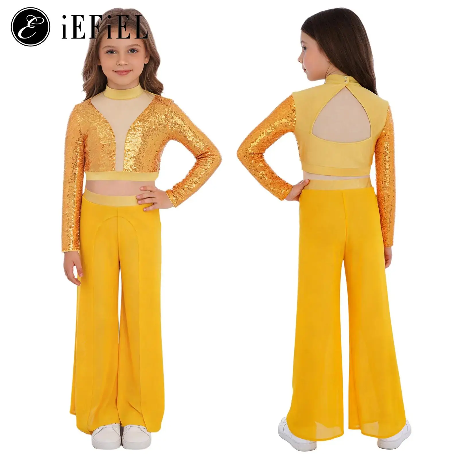Kid Girls Ballet Lyrical Dance Costume Long Sleeve Shiny Sequins Crop Top with Wide-Leg Mesh Pants for Performance Competition
Kid Girls Ballet Lyrical Dance Costume Long Sleeve Shiny Sequins Crop Top with Wide-Leg Mesh Pants for Performance Competition