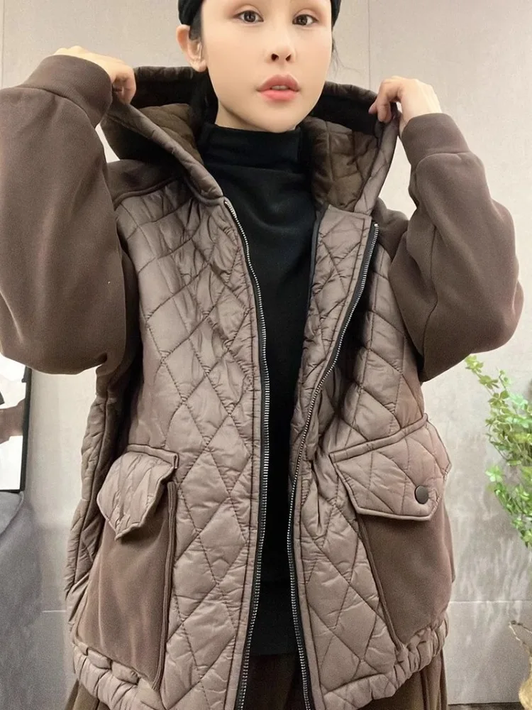 Hooded patchwork diamond grid jacket, European style casual loose and versatile cotton jacket, women's winter new 2024
Hooded patchwork diamond grid jacket, European style casual loose and versatile cotton jacket, women's winter new 2024