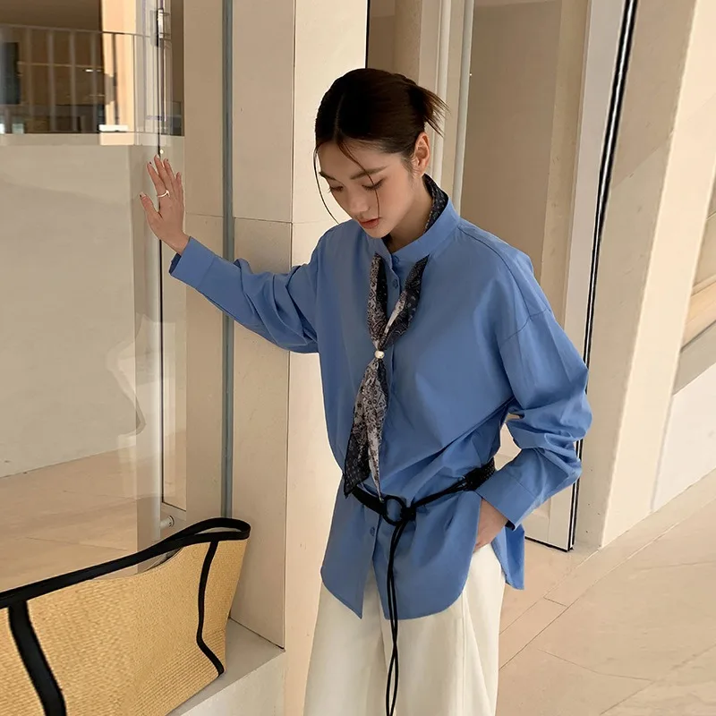 Women's Spring Korean-style Stand-up Collar Shirt Women's Mid-length Shirt Top Fashionable Simple and Elegant with Silk Scarf
Women's Spring Korean-style Stand-up Collar Shirt Women's Mid-length Shirt Top Fashionable Simple and Elegant with Silk Scarf