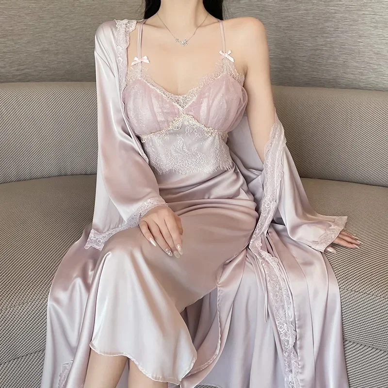 Elegant Long Robe Suit Sexy Home Dressing Gown Lace Trim Kimono Bathrobe Backless Nighty&robe Set Intimate Lingerie Nightgown
Elegant Long Robe Suit Sexy Home Dressing Gown Lace Trim Kimono Bathrobe Backless Nighty&robe Set Intimate Lingerie Nightgown