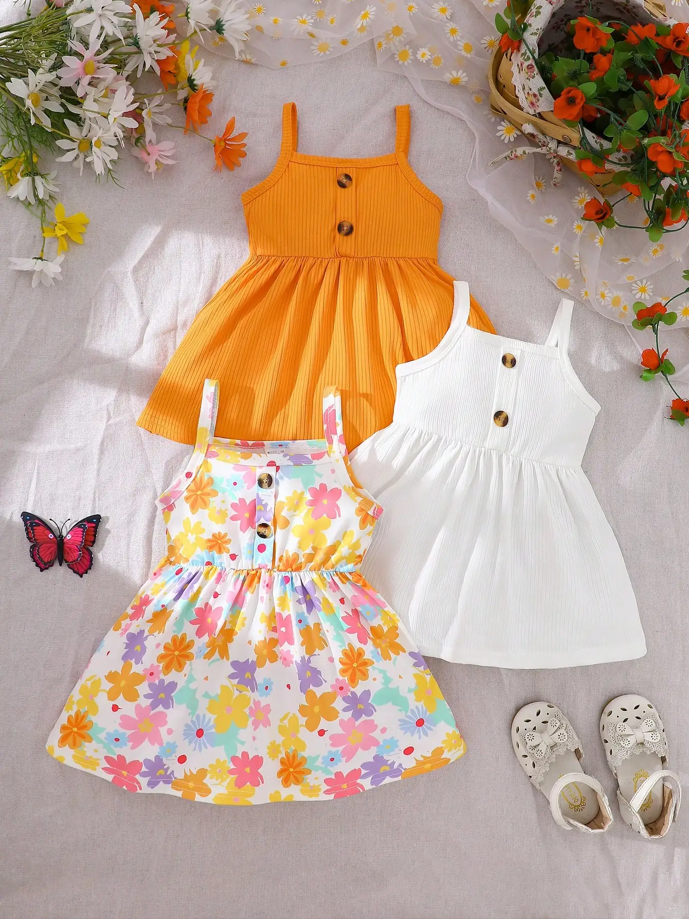 3-Pack Girls Summer Dresses: Floral Print, Solid Orange & White Ribbed Strap Dresses for Toddlers
3-Pack Girls Summer Dresses: Floral Print, Solid Orange & White Ribbed Strap Dresses for Toddlers