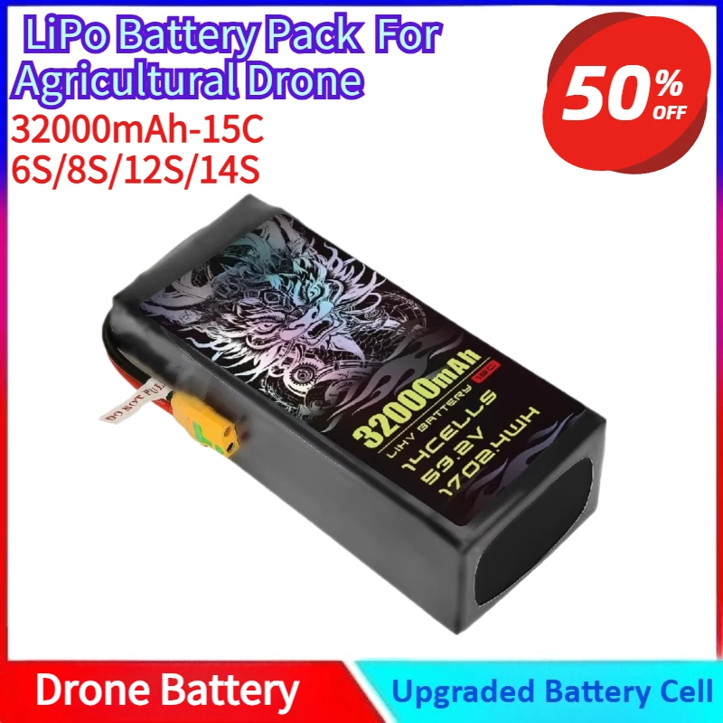 32000 мАч, 22,8 В/45,6 В/53,2 В, универсальный LiPo аккумулятор большой емкости для сельскохозяйственного дрона 6S/12S/14S с вилкой XT90-S
32000 мАч, 22,8 В/45,6 В/53,2 В, универсальный LiPo аккумулятор большой емкости для сельскохозяйственного дрона 6S/12S/14S с вилкой XT90-S
